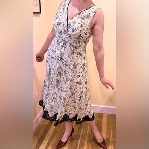Connected Apparel Ivory/Black Floral Fit-and-Flare Dress, Faux Wrap, Lace Trim.